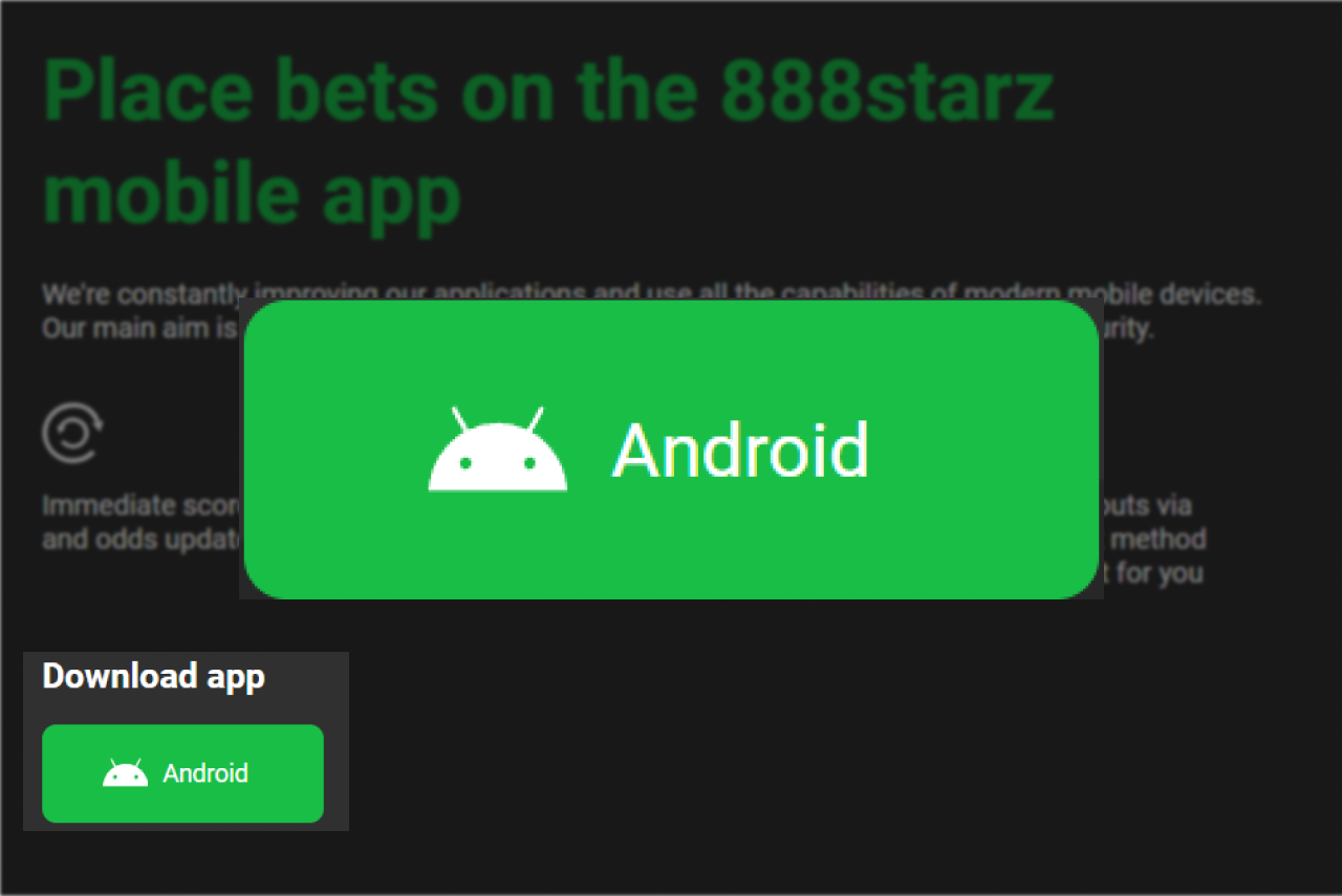 888Starz APK install step 2: Mobile Apps section with Android version option highlighted