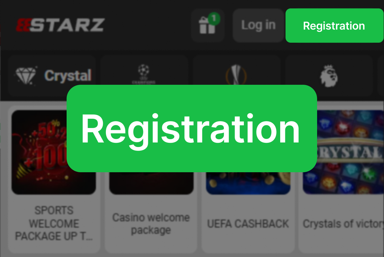 888Starz registration step 1: app homepage with Registration button highlighted