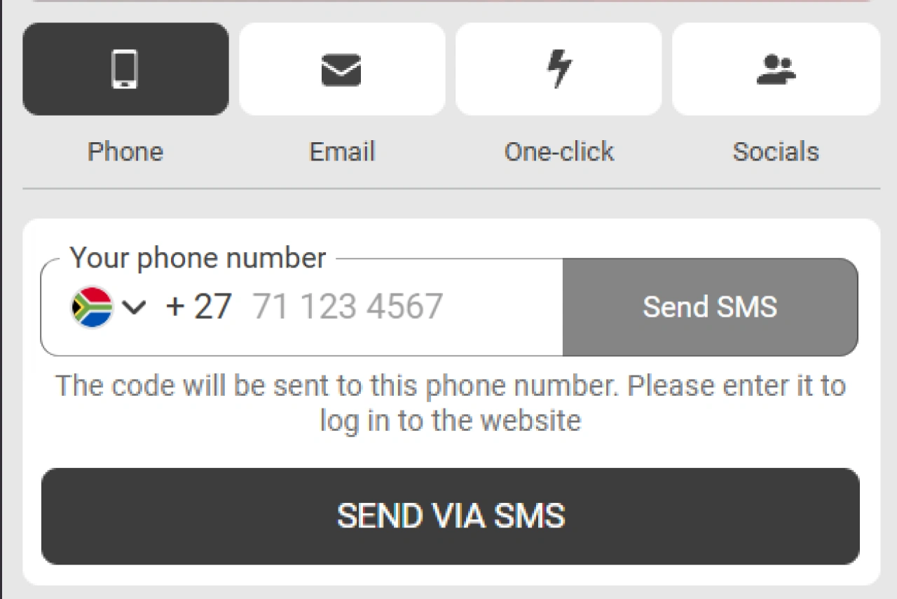 888Starz registration step 2: registration methods list with phone, email, one-click, and social options highlighted