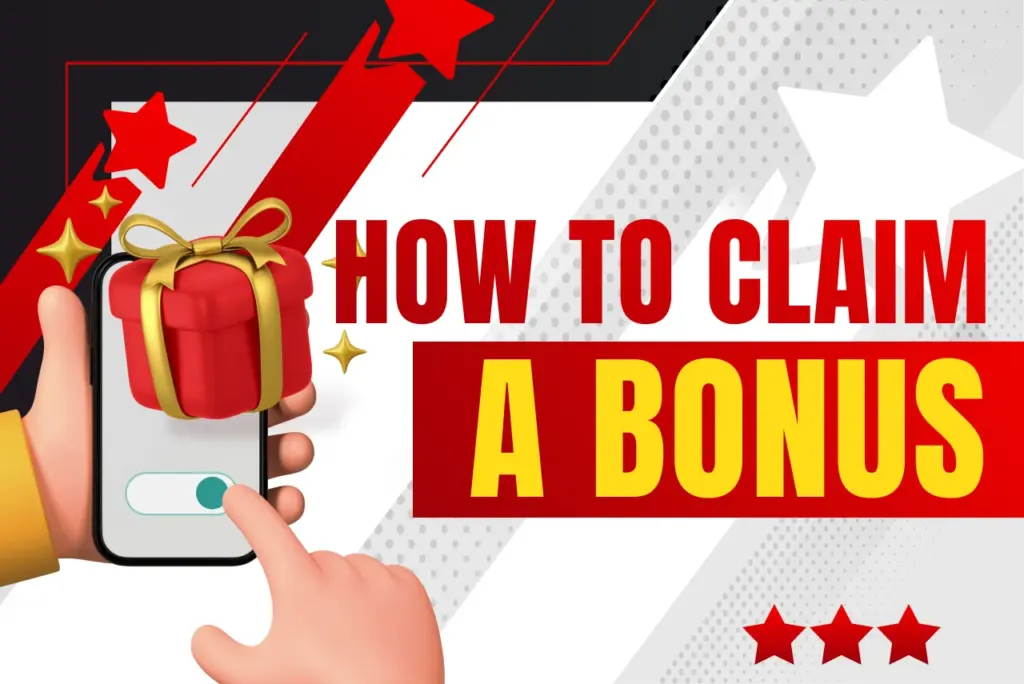 How to claim a bonus title with hands holding phone showing gift on screen icon on red-white background, text on the right
