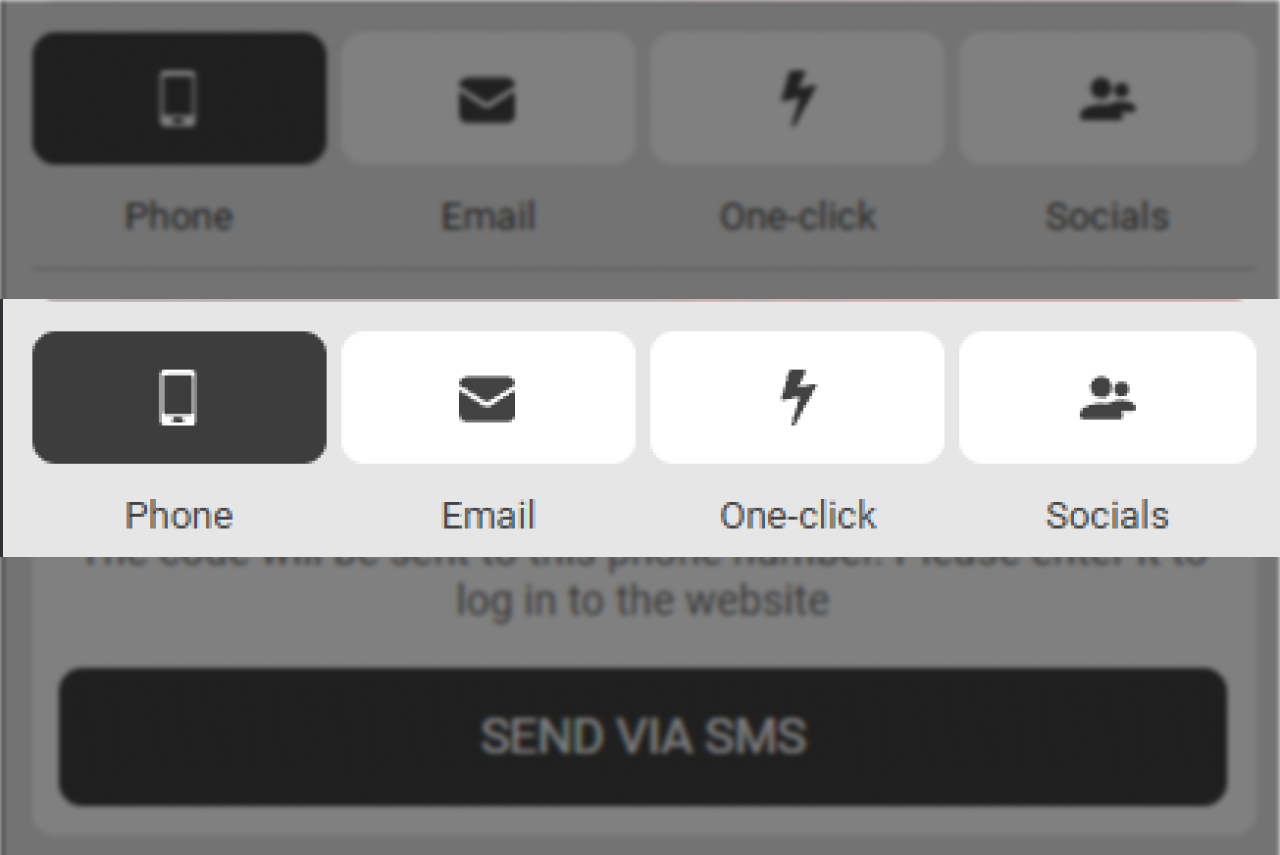 Create account step 3: registration method selection screen with one-click, phone, email, social networks options highlighted