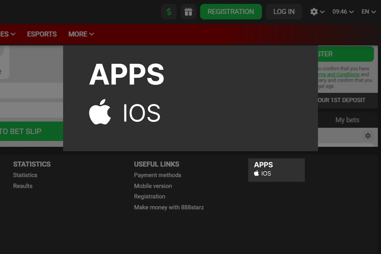 iOS installation step 2: official 888Starz site with Mobile App button highlighted at the bottom of the page