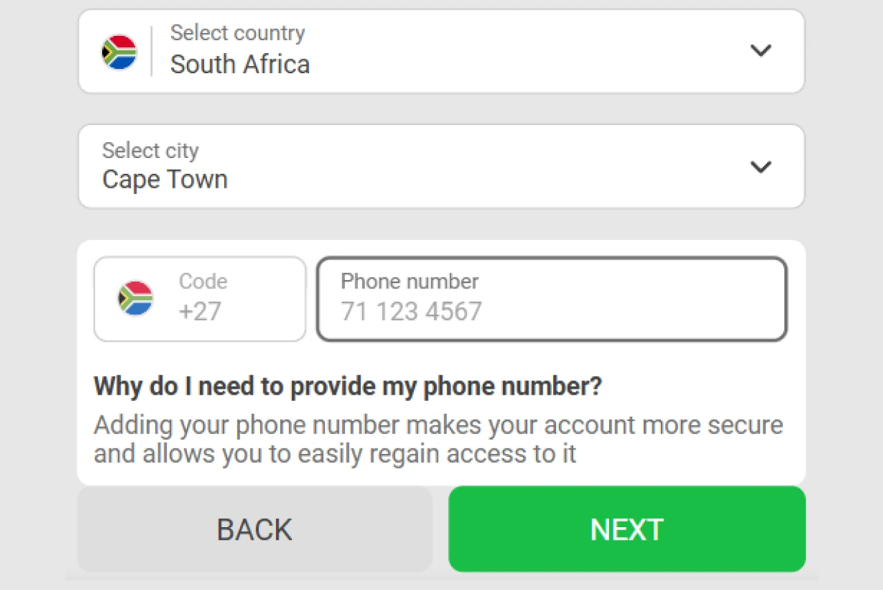Registration by email step 1: fields for country, city, and address highlighted