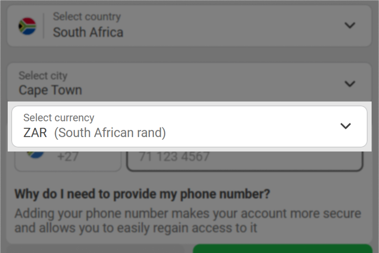 Registration by email step 2: currency selection dropdown highlighted