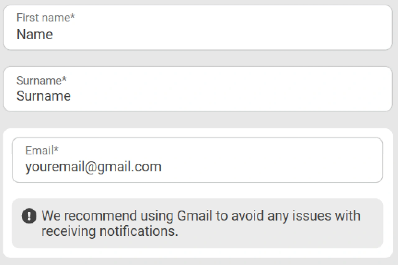 Registration by email step 3: email input field highlighted