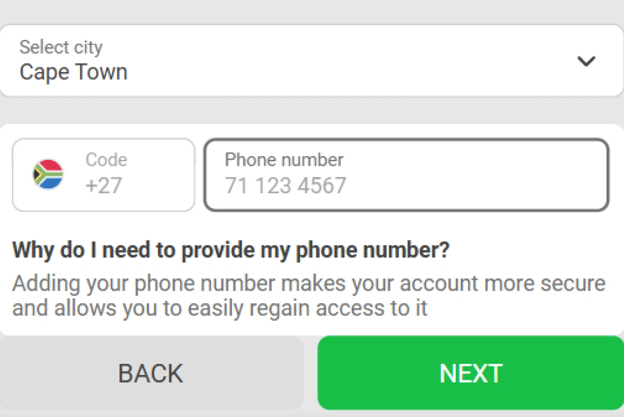 Registration by email step 4: phone number input field highlighted