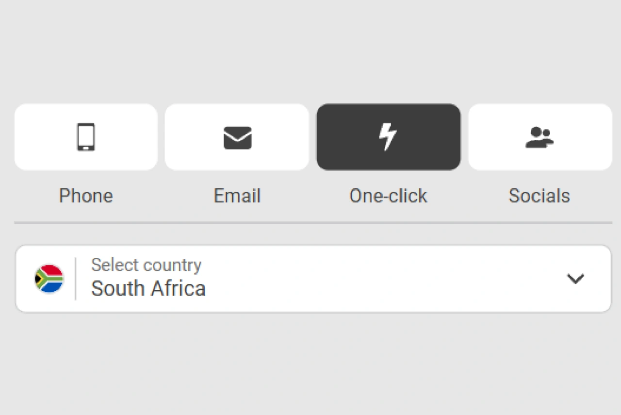 One-click registration step 1: country selection dropdown highlighted