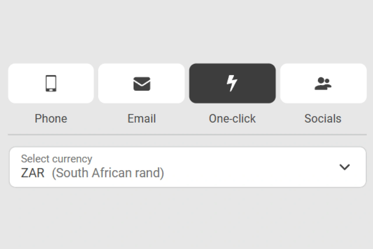 One-click registration step 2: currency selection dropdown highlighted