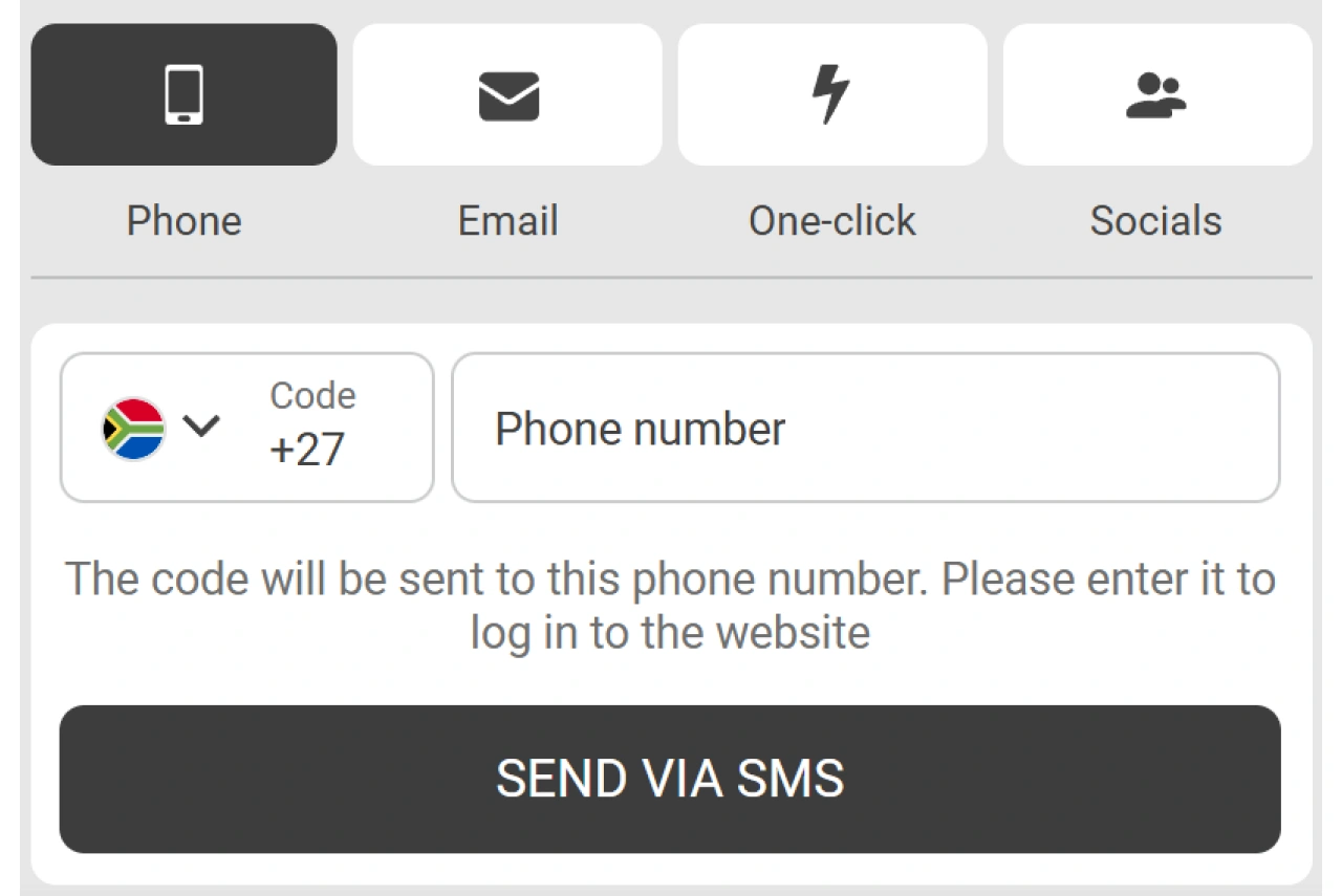 Registration by phone step 1: phone number input field with country code highlighted