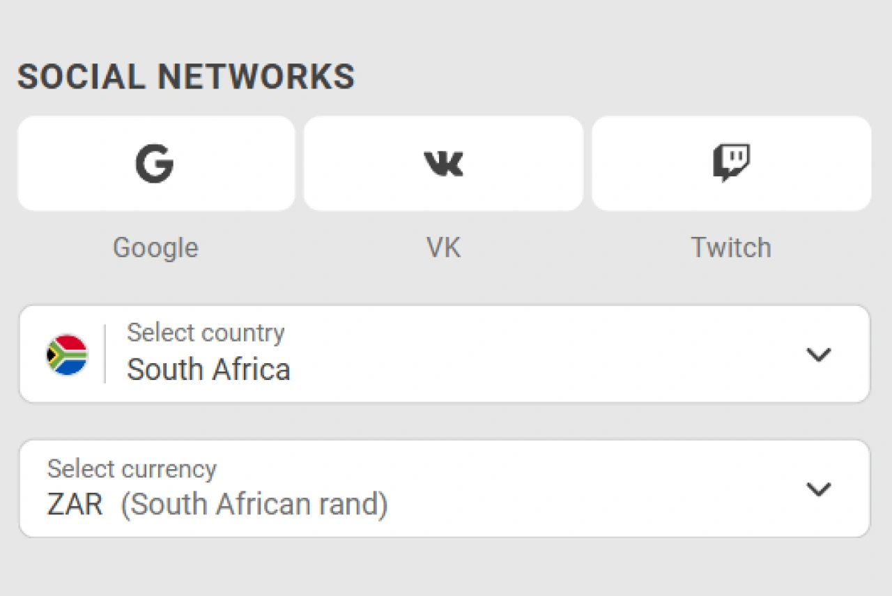 Registration by social networks step 1: country and currency selection highlighted