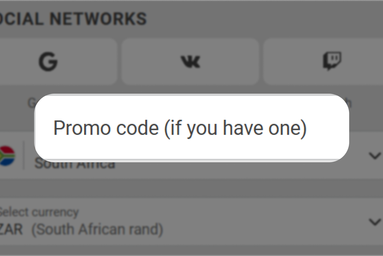 Registration by social networks step 2: promo code input field highlighted