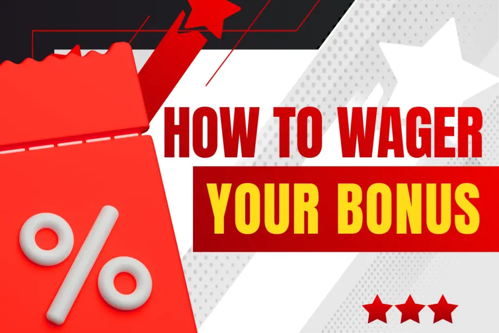 How to wager your bonus title with red coupon and white percent sign icon on red-white background, text on the right
