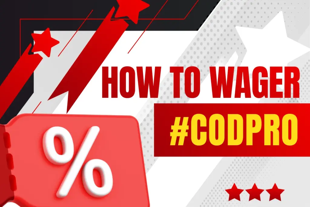 How to wager codpro title with red coupon and white percent sign icon on red-white background, text on the right