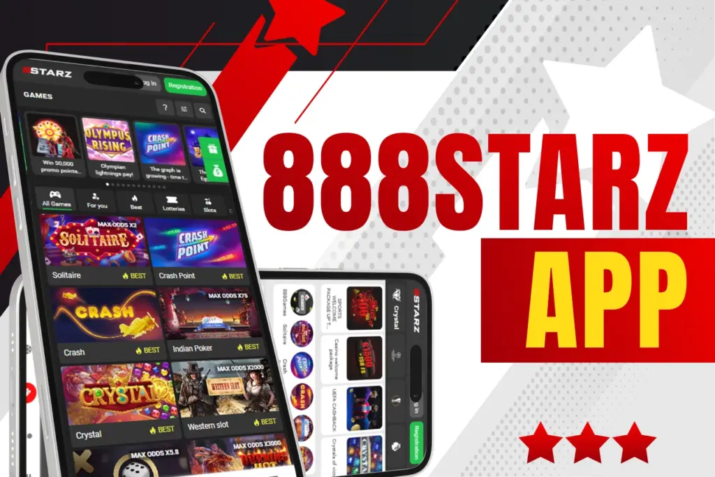 888Starz app title with two phones showing app screen on red-white background, text on the right