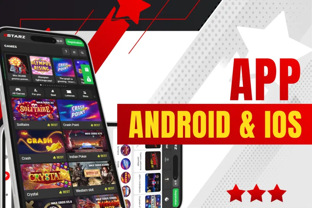 App for Android and iOS title with two phones showing 888starz app screen on red-white background, text on the right