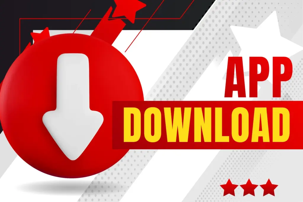 App download title with white downward arrow in red circle icon on red-white background, text on the right