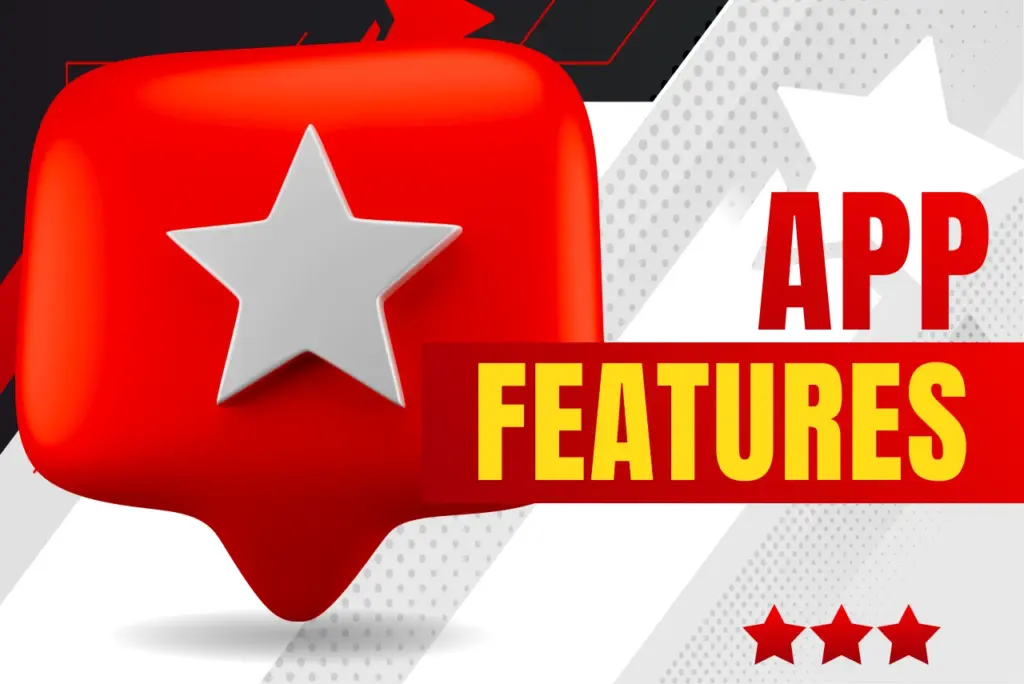 App features title with red review cloud and white star icon on red-white background, text on the right