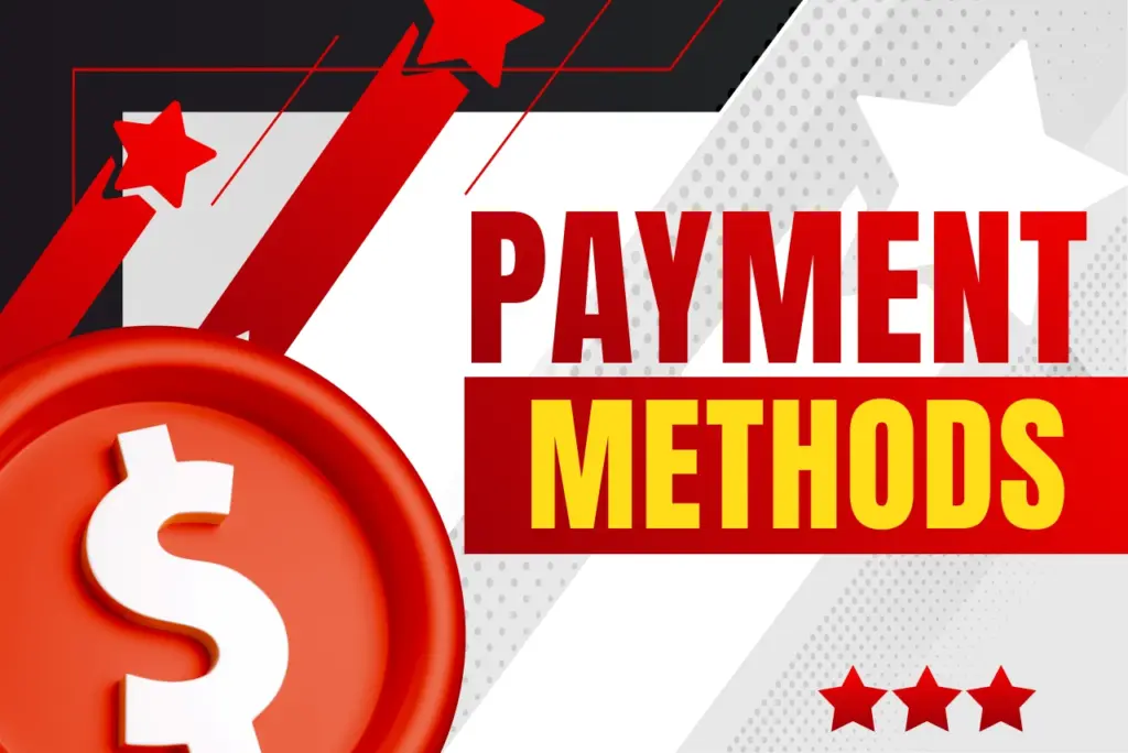 Payment methods title with red coin and white dollar sign icon on red-white background, text on the right