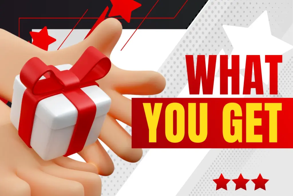 What you get title with hands holding red-white gift icon on red-white background, text on the right