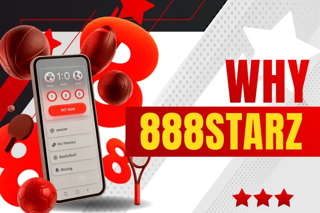 Why 888starz title with phone surrounded by red sports equipment and number 8 icons on red-white background, text on the right