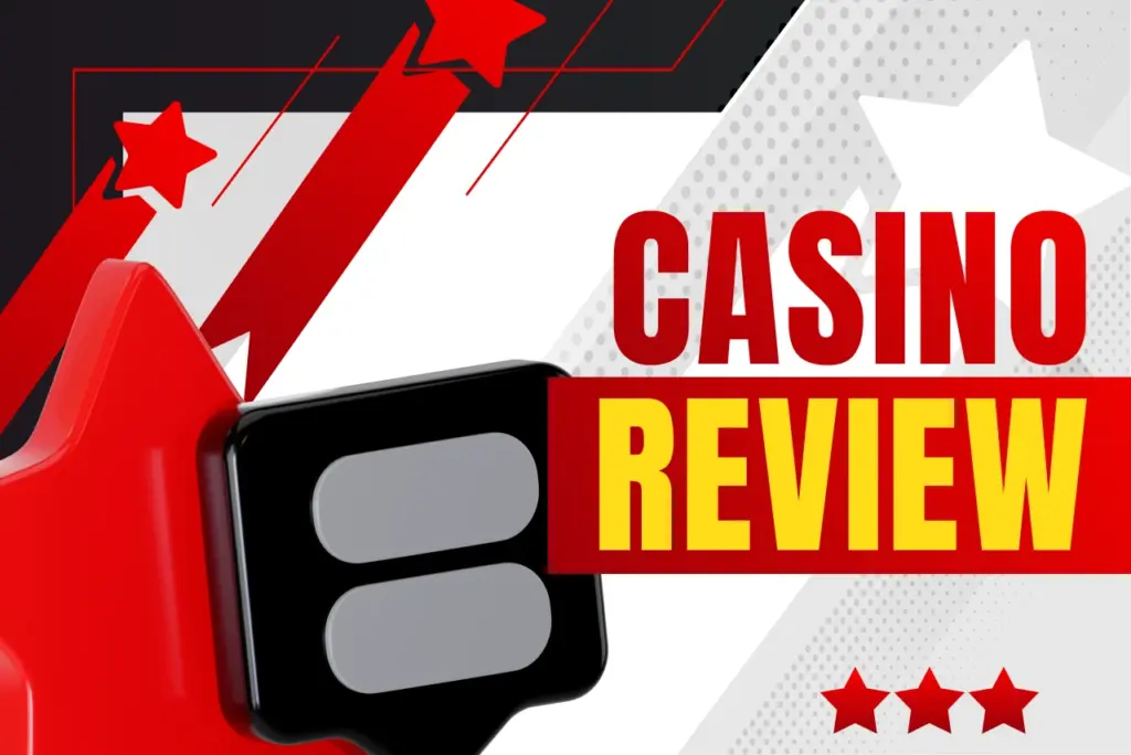 Casino review title on red-white background with red review cloud icon, red stars, text on the right
