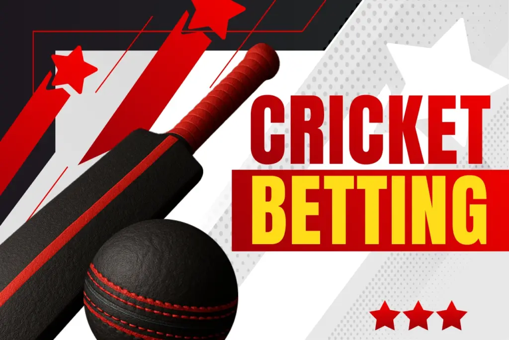 Cricket betting title with black-red cricket bat and ball icon on red-white background, text on the right