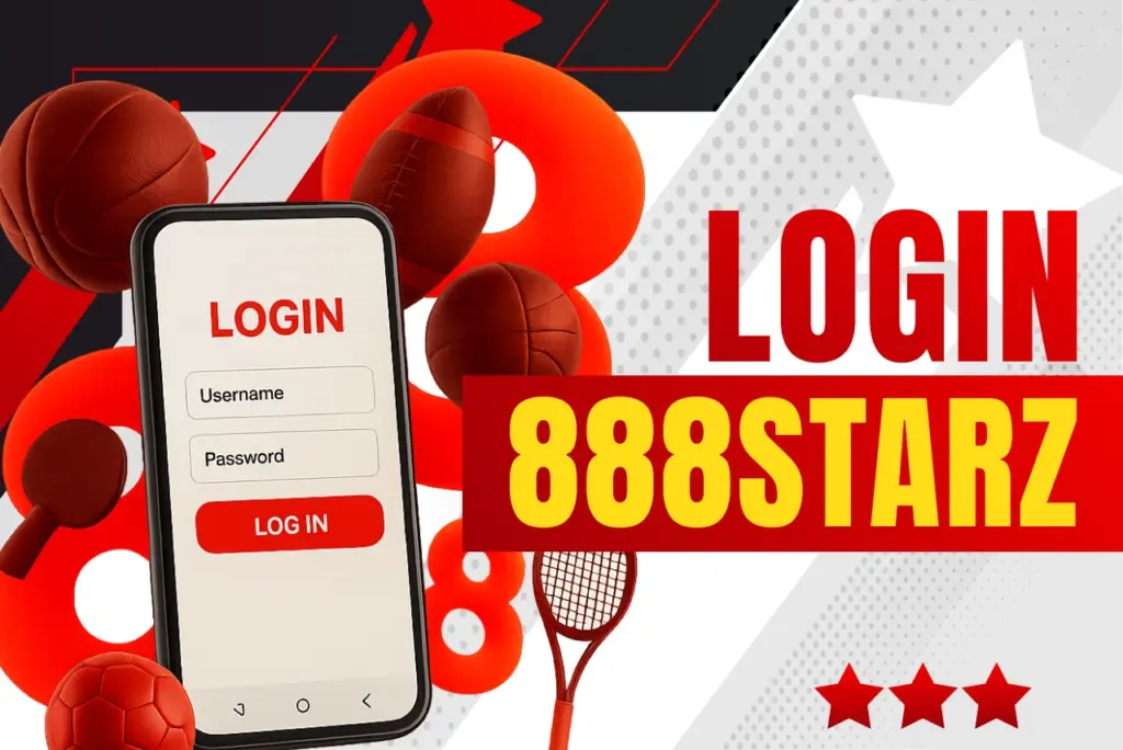 888Starz login title with phone showing login form, surrounded by red sports equipment and number 8 icons on red-white background, text on the right