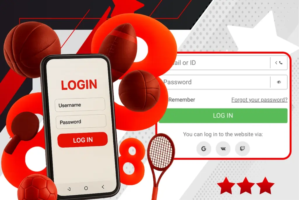Screenshot from official site with 888starz login form surrounded by red sports equipment and number 8 icons on red-white background