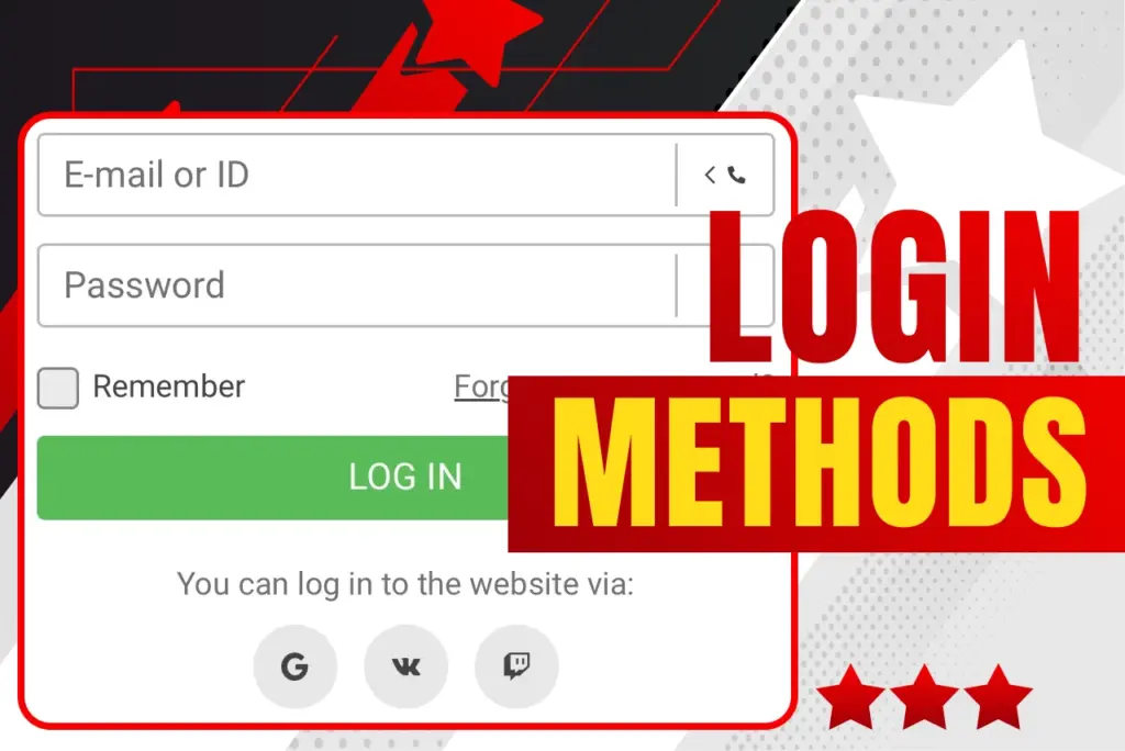 Login methods - Screenshot from official site with 888starz  on red-white background, text on the right