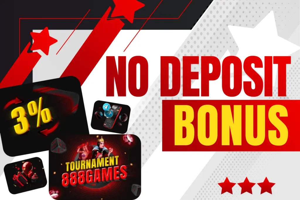 No deposit bonus title with four bonus offer images on red-white background, text on the right