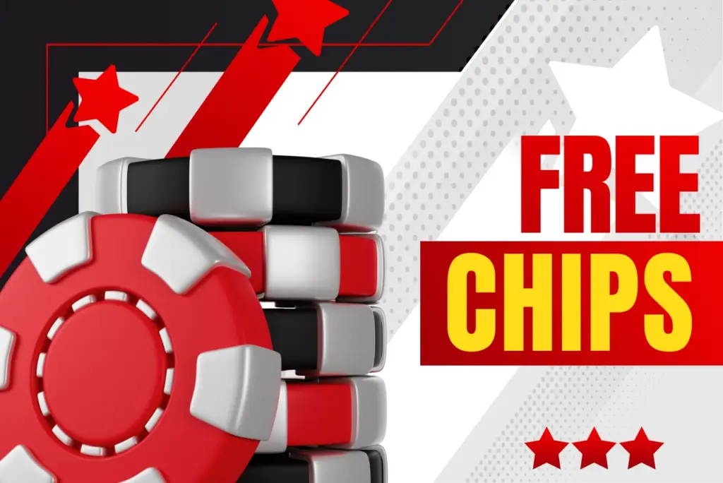 Free chips title with black-white and red-white casino chips stacked icon on red-white background, text on the right