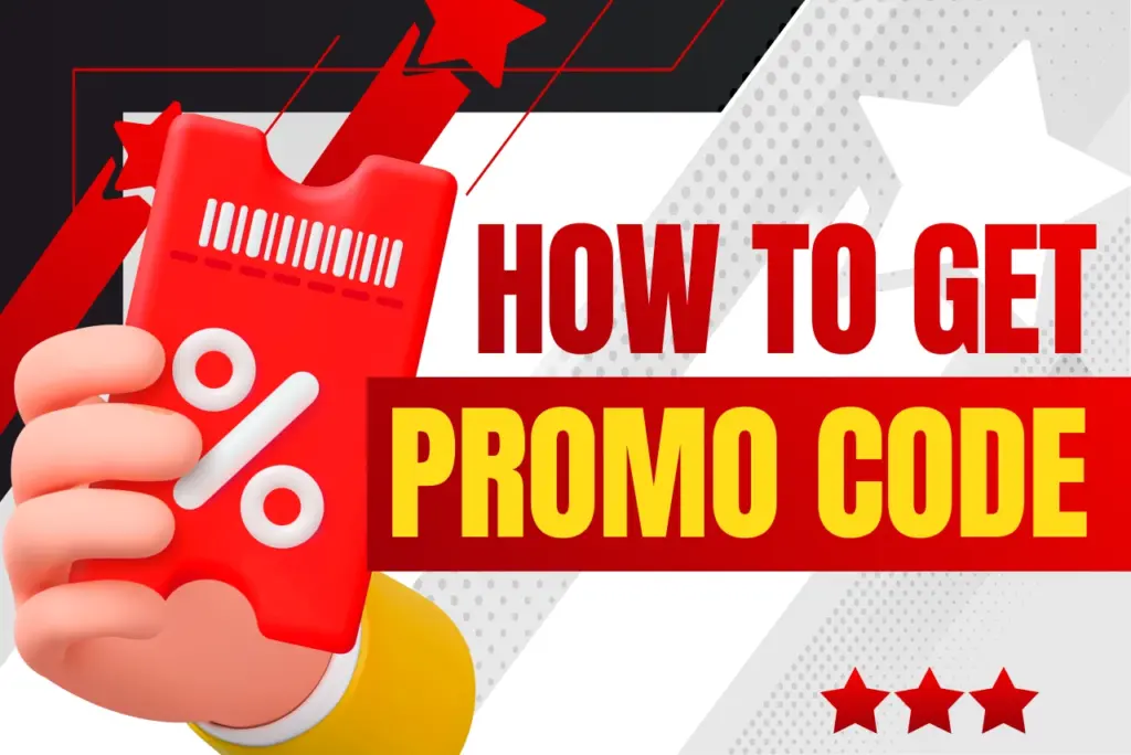 How to get promo code title with hand holding red coupon icon on red-white background, text on the right