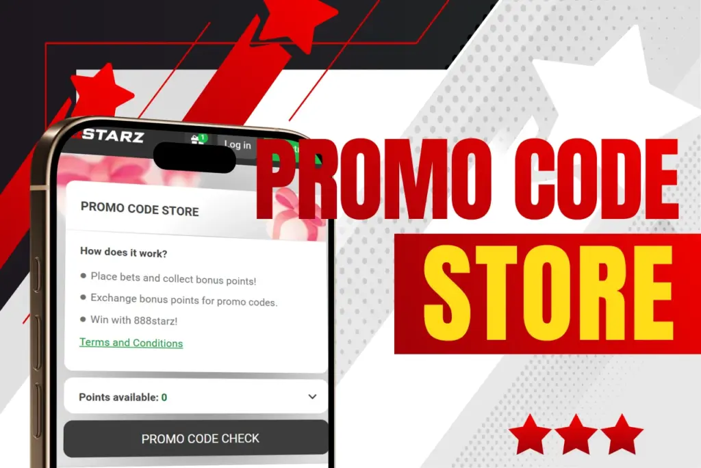 Promo code store title with phone showing promo code store screen icon on red-white background, text on the right
