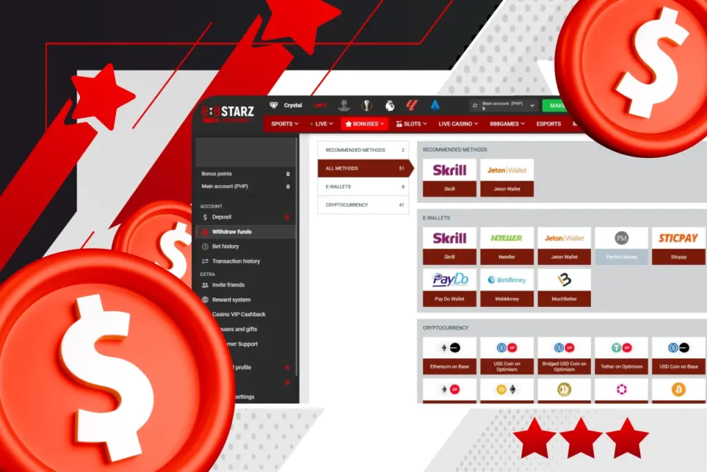 Screenshot from official site with payment methods surrounded by red dollar coins on red-white background