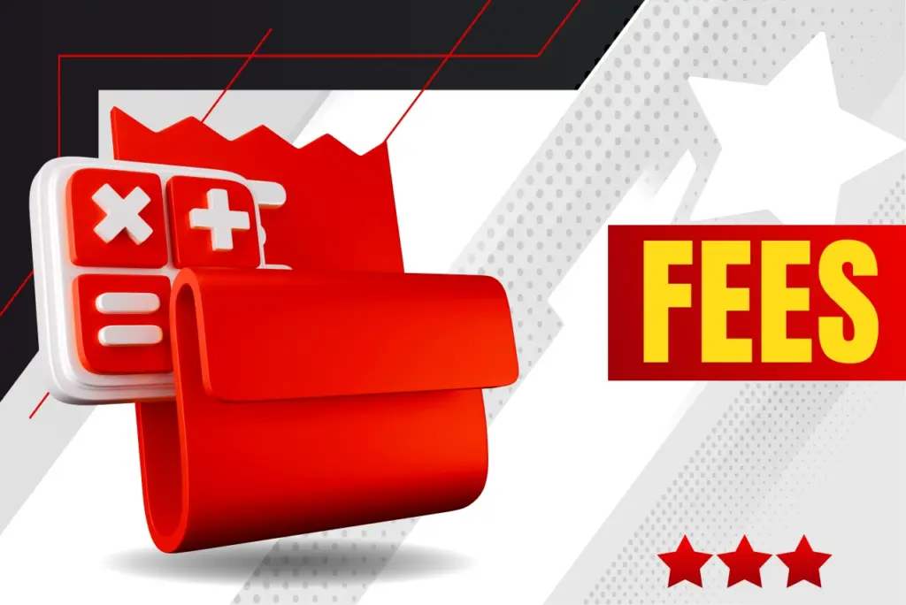 Fees title with 3D icon of receipt and calculator on red-white background, text on the right