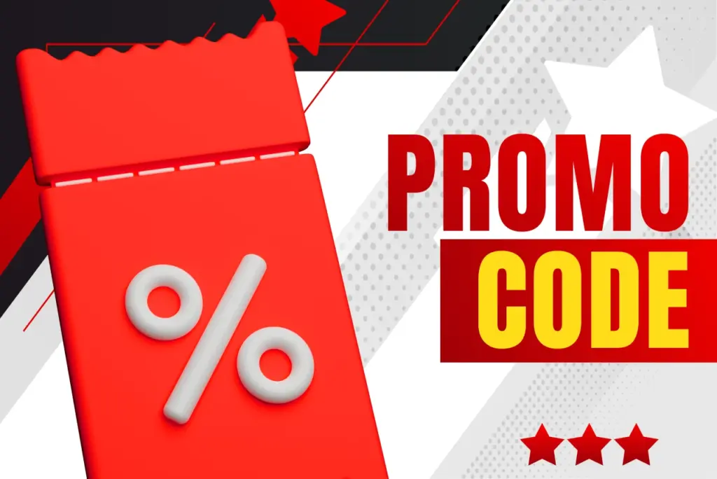 Promo code title with red coupon and white percent sign icon on red-white background, text on the right