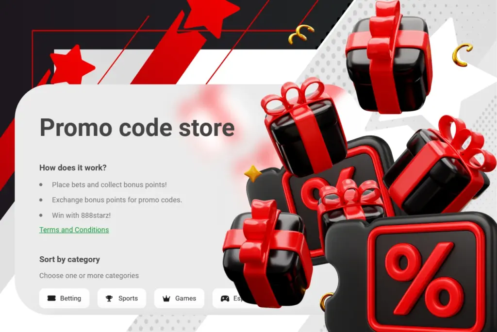 Promo code store title with many black-red gifts and black coupon with red percent sign icon, black text on left, icon on right