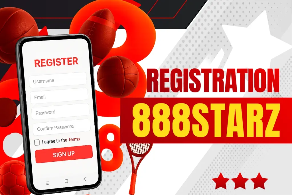 Registration 888starz title with phone showing registration form, surrounded by red sports equipment and number 8 icons on red-white background, text on the right