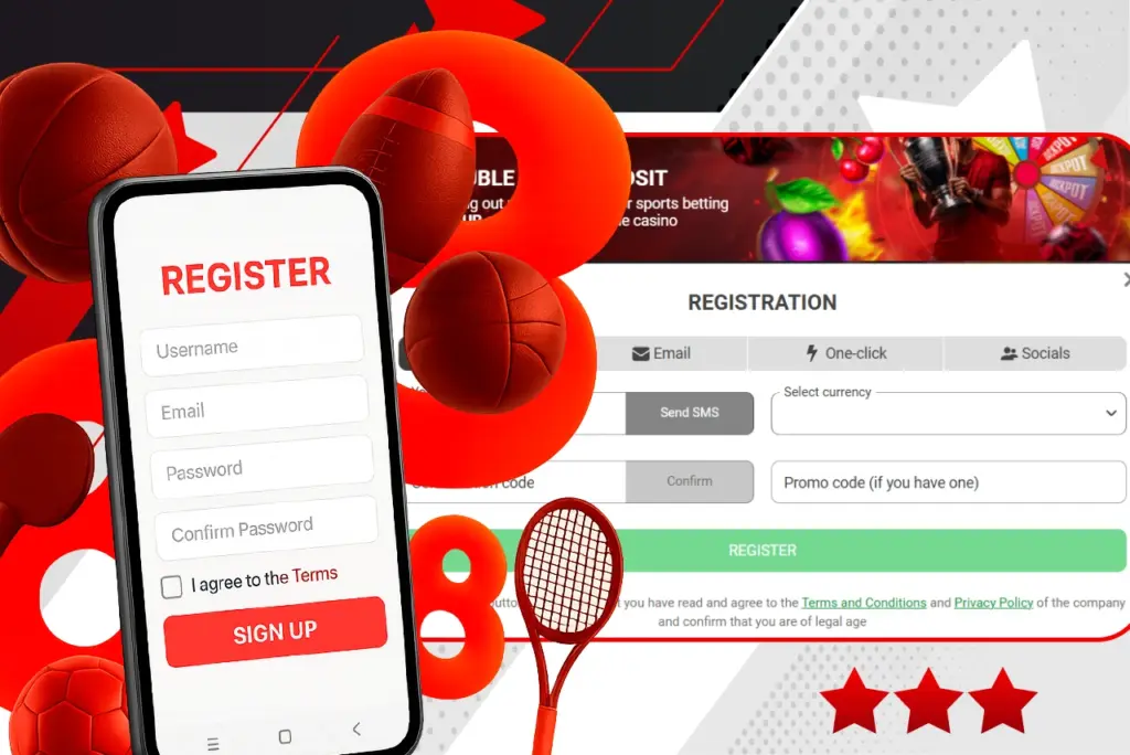Screenshot from official site with 888starz registration form surrounded by red sports equipment and number 8 icons on red-white background