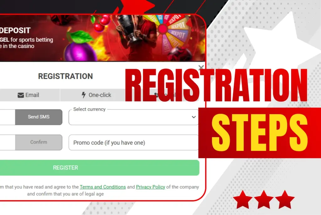 Registration steps title with official site registration form screenshot on red-white background, text on the right