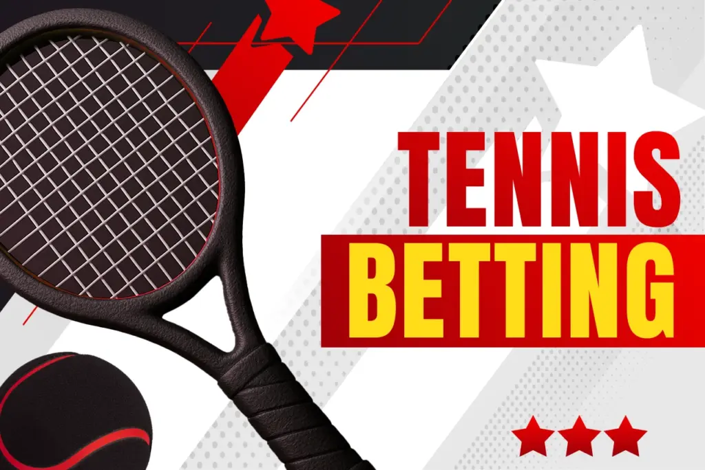 Tennis betting title with black-red tennis racket and ball icon on red-white background, text on the right