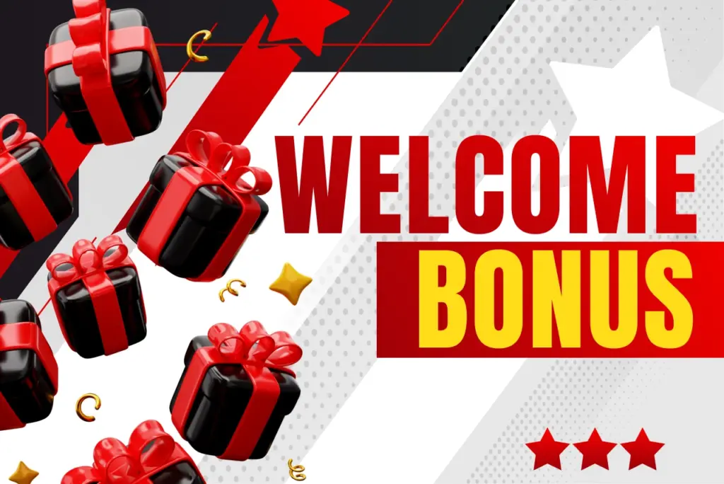 Welcome bonus title with multiple black-red fireworks icons on red-white background, text on the right
