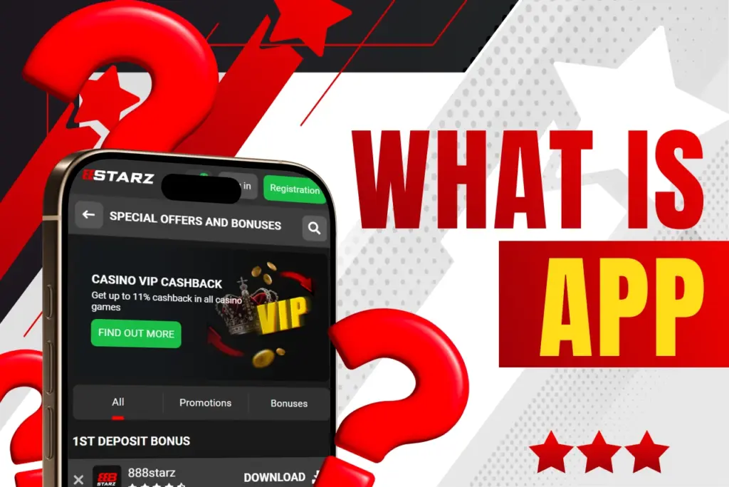 What is app title with phone showing 888starz app screen on red-white background, text on the right