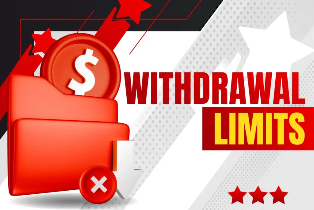 Limits for withdrawal title with red folder, white downward arrow and red credit icon on red-white background, text on the right