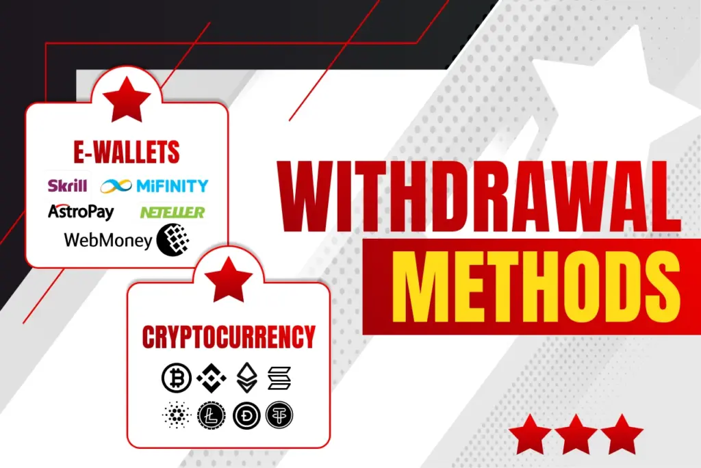 Withdrawal methods title with two white boxes showing e-wallets and crypto on red-white background, text on the right