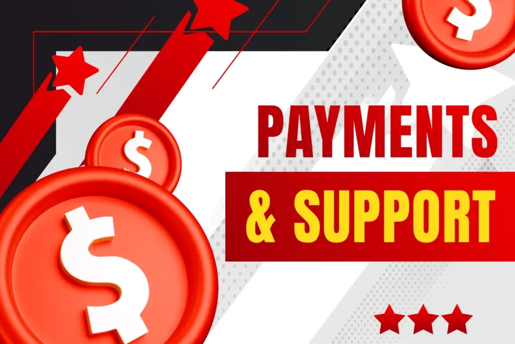 888Starz payments and support banner with payment icons and customer support symbols on a white background with red and black abstract elements