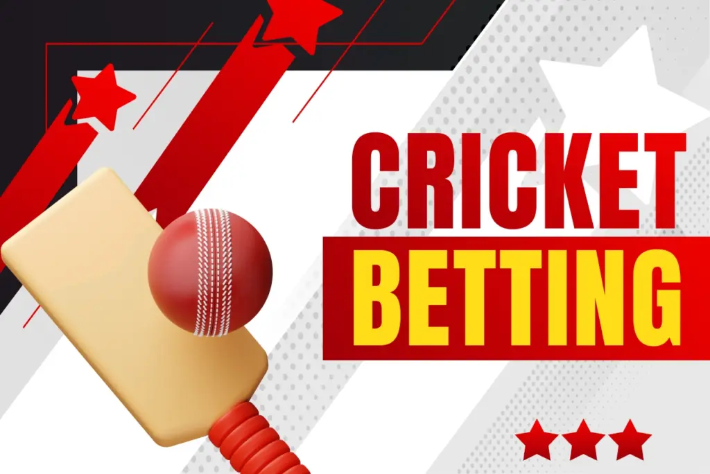 888Starz cricket betting banner with cricket bat, ball, and stumps on a white background with red and black abstract elements