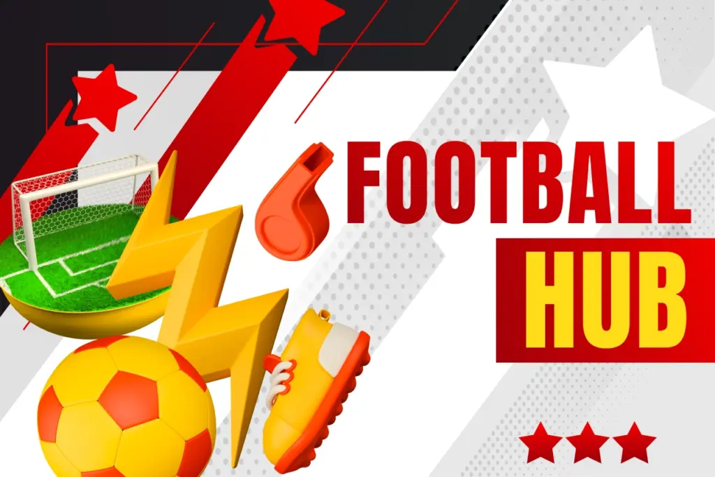 888Starz football hub banner with football graphics and betting icons on a white background with red and black abstract elements