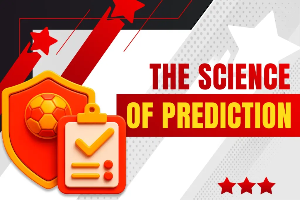 888Starz football prediction science banner with a shield and checklist icon on a white background with red and black abstract elements
