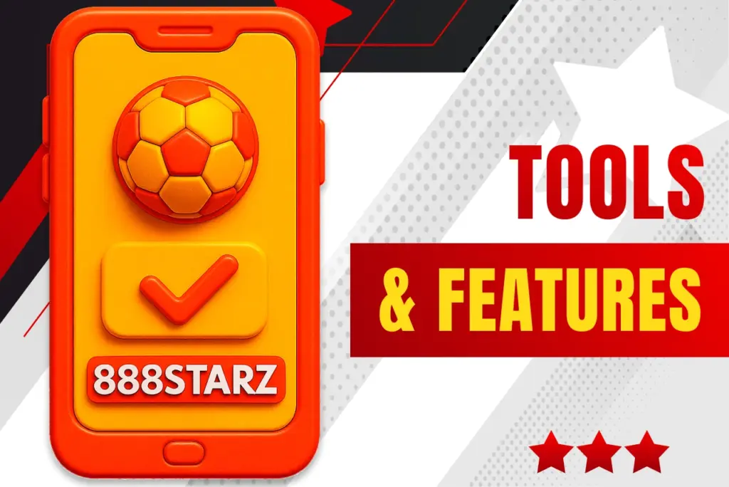 888Starz tools and features banner with a smartphone displaying the 888Starz logo on a white background with red and black abstract elements